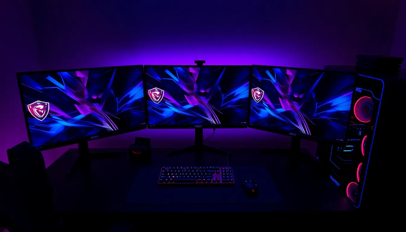 Setup gaming haut de gamme avec trois écrans MSI gaming en configuration courbée, éclairage RGB, clavier mécanique et souris gaming