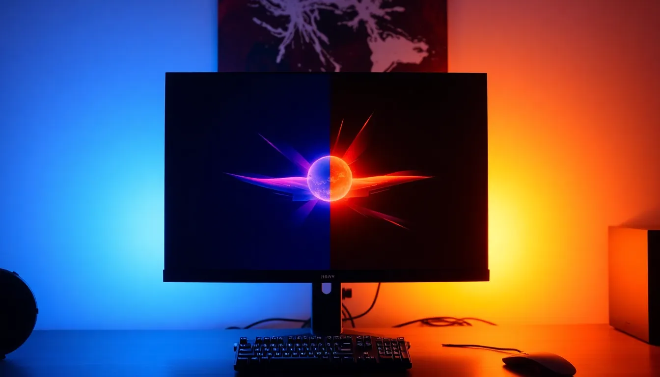 Setup gaming professionnel montrant la différence visuelle entre écran standard et écran avec filtre anti-lumière bleue intégré