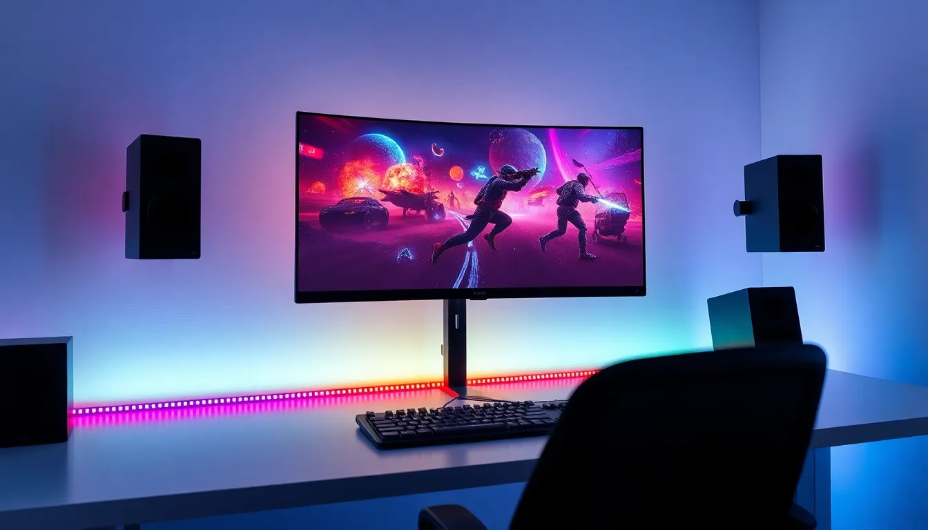 Setup gaming avec écran incurvé et haut-parleurs intégrés sur bureau minimaliste avec éclairage RGB