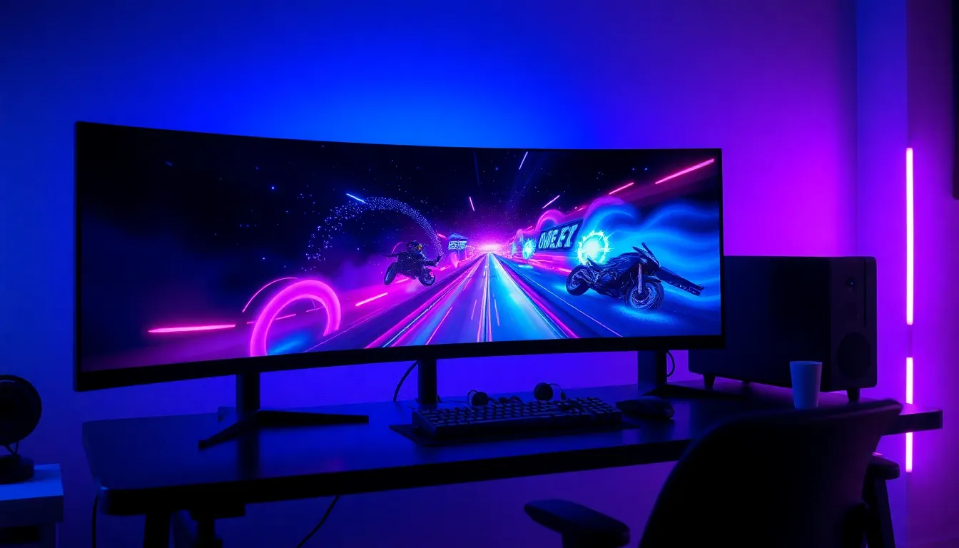 Setup gaming moderne avec écran incurvé ultrawide, éclairage RGB ambiant et atmosphère professionnelle pour illustrer les meilleurs écrans gaming à moins de 600 euros