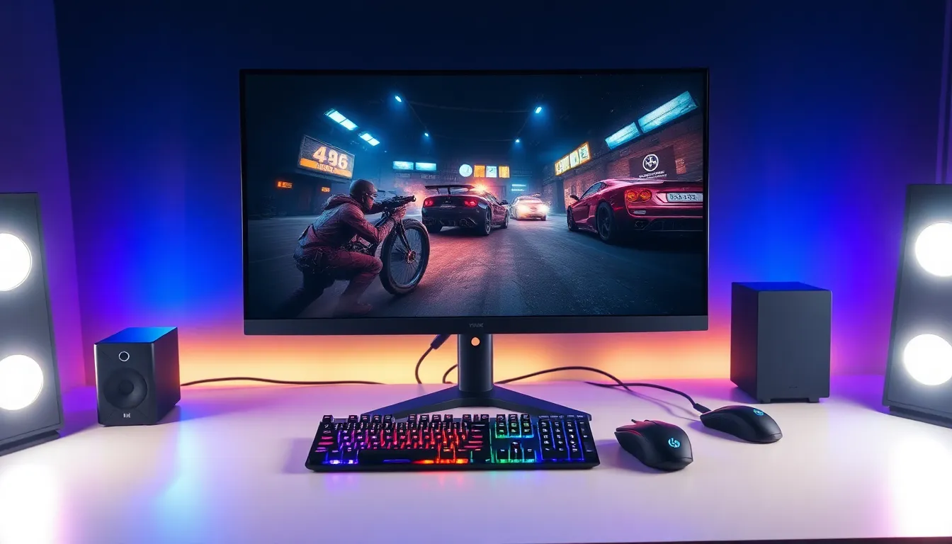 Écran gaming format 16:9 avec setup moderne, clavier RGB et jeu FPS affiché, éclairage ambiant professionnel
