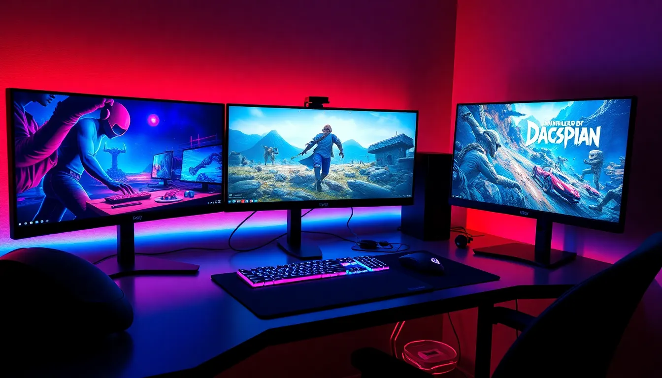 Setup gaming moderne avec multiple moniteurs OLED et IPS, comparatif 2025 des meilleurs écrans gaming