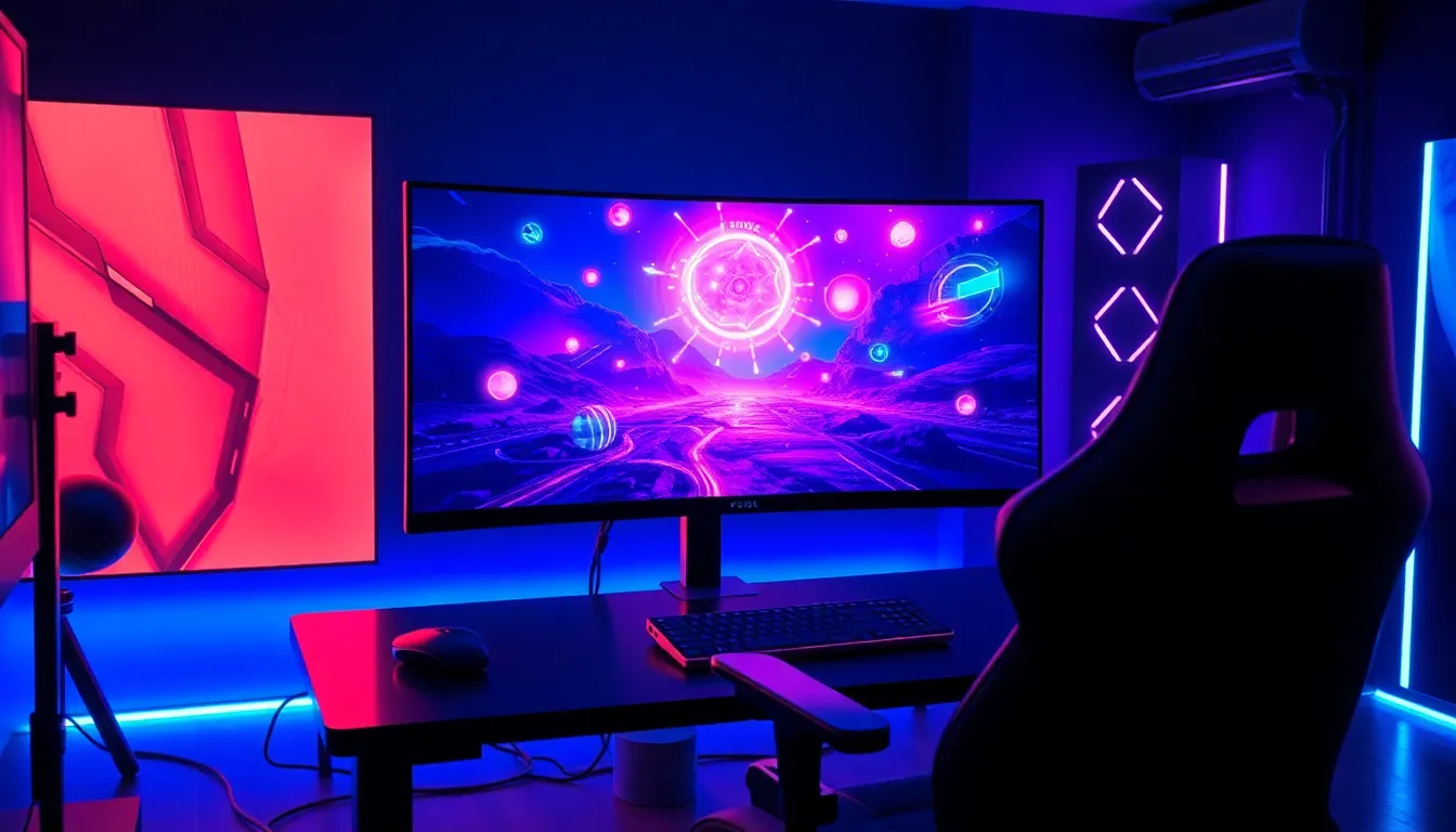 Setup gaming moderne avec écran 27 pouces affichant des effets 3D holographiques sortant de l'écran, éclairage RGB futuriste