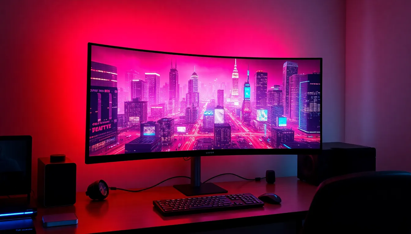 Setup gaming professionnel avec écrans gaming 3840x2160 4K OLED 32 pouces incurvé affichant une scène cyberpunk aux couleurs vibrantes et noirs parfaits, éclairage RGB ambiant