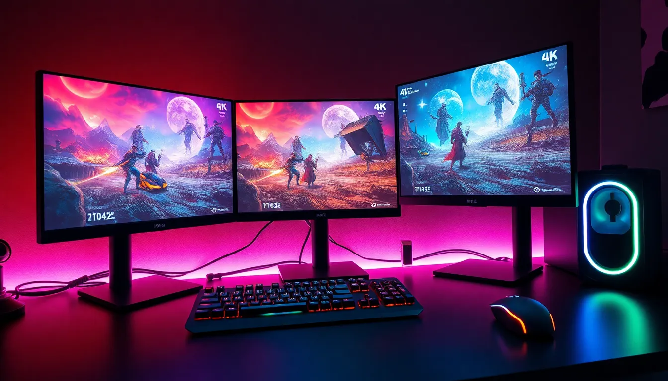Configuration gaming professionnelle avec écrans 4K, clavier mécanique et éclairage RGB sur bureau moderne