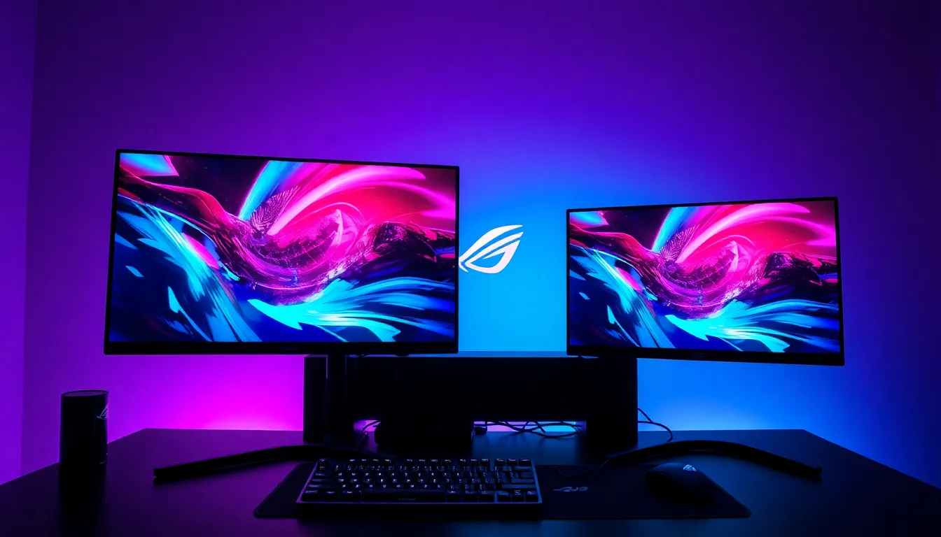 Configuration gaming haut de gamme avec plusieurs écrans ASUS ROG de différentes tailles sur bureau moderne avec éclairage RGB