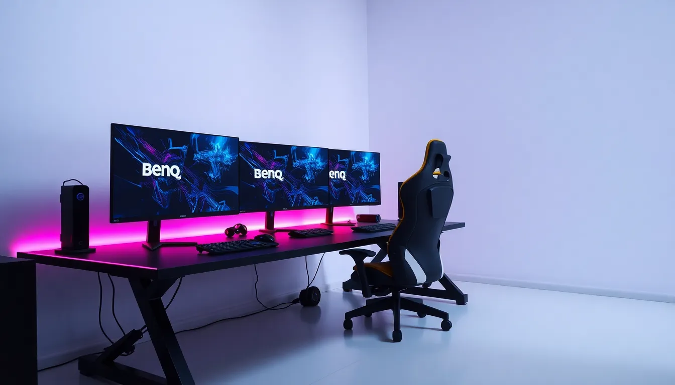 Setup gaming moderne avec écrans BenQ MOBIUZ et ZOWIE, éclairage RGB, bureau gamer professionnel