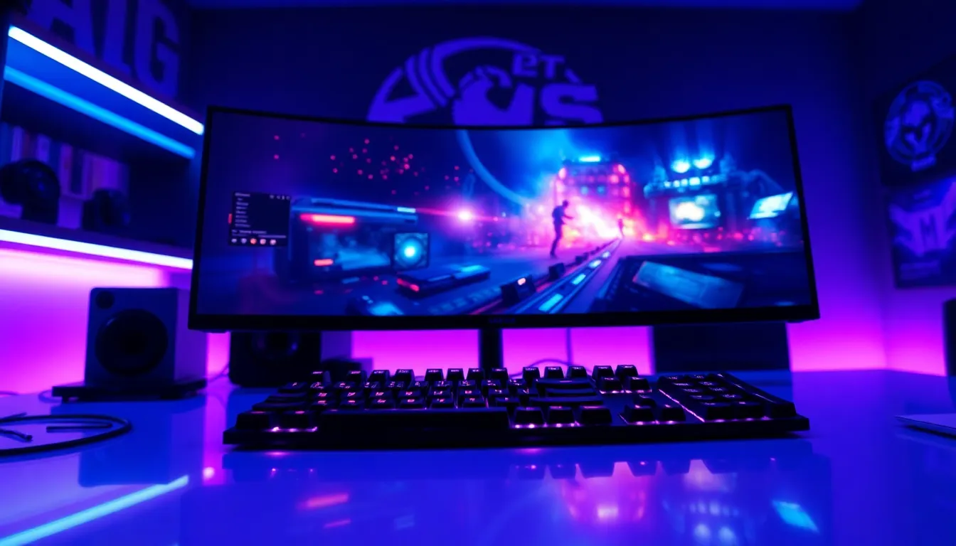 Setup gaming moderne avec écran incurvé 34 pouces ultrawide UWQHD, clavier mécanique RGB et éclairage ambiant violet et bleu, illustrant le guide des meilleurs écrans gaming 34 pouces 2025