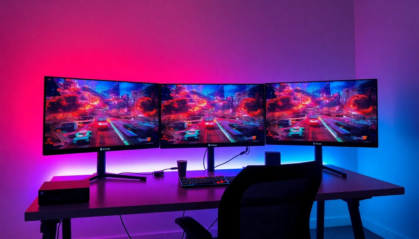 Setup gaming professionnel avec écrans LG UltraGear multiples affichant des jeux, éclairage RGB, configuration high-tech moderne