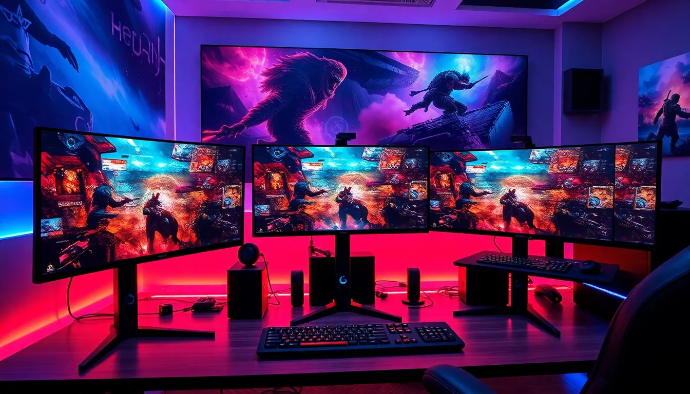 Configuration gaming professionnelle avec plusieurs écrans LCD affichant des graphismes de jeu vibrants, éclairage RGB moderne, bureau gamer organisé illustrant les meilleurs écrans gaming LCD 2025
