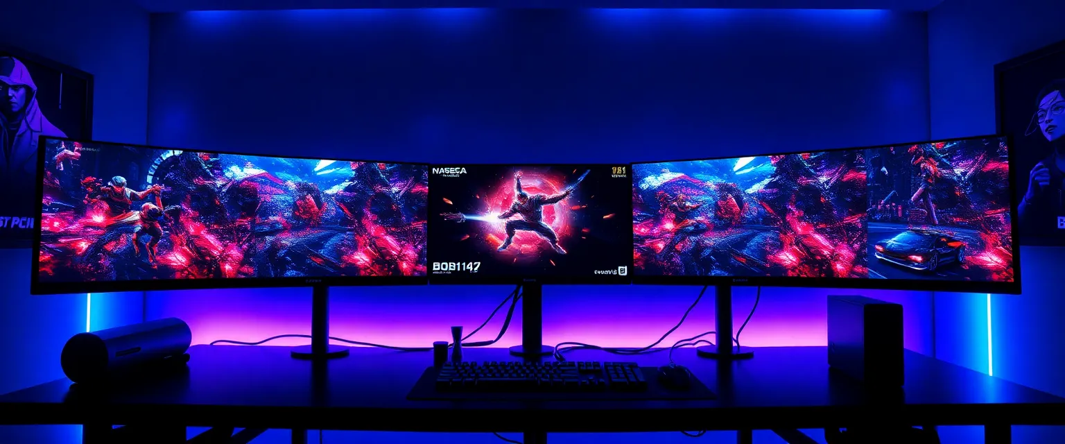 Comparatif écrans gaming Samsung Odyssey 2025 - setup gaming professionnel avec plusieurs moniteurs incurvés