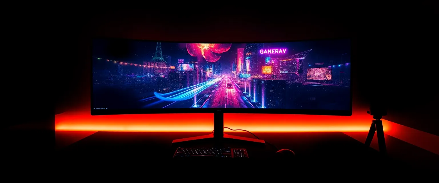 Écran gaming ultra-large incurvé dans setup moderne avec éclairage RGB ambiant, parfait pour illustrer l'immersion des moniteurs ultrawide gaming