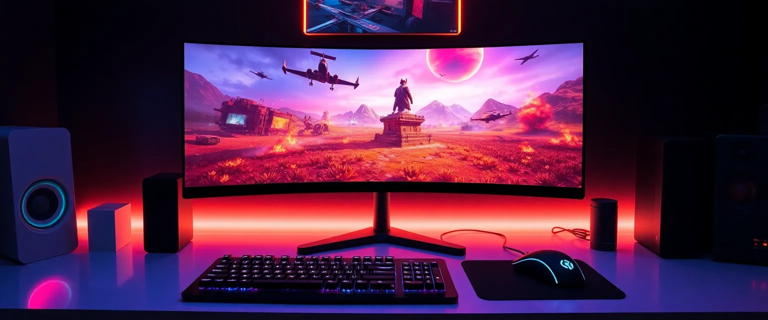 Écran gaming ultra wide incurvé avec clavier mécanique et souris gaming sur bureau moderne avec éclairage LED ambiant