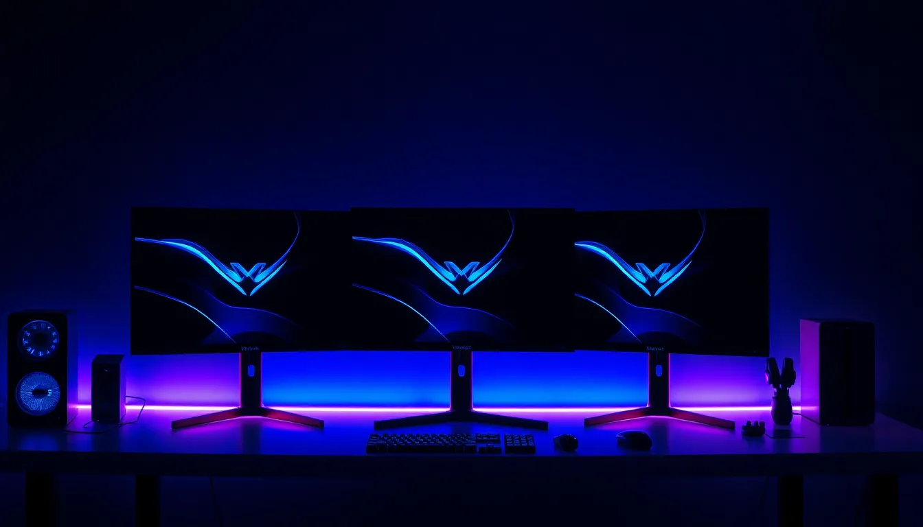 Configuration gaming haut de gamme avec écrans ViewSonic Elite et périphériques RGB sur bureau moderne