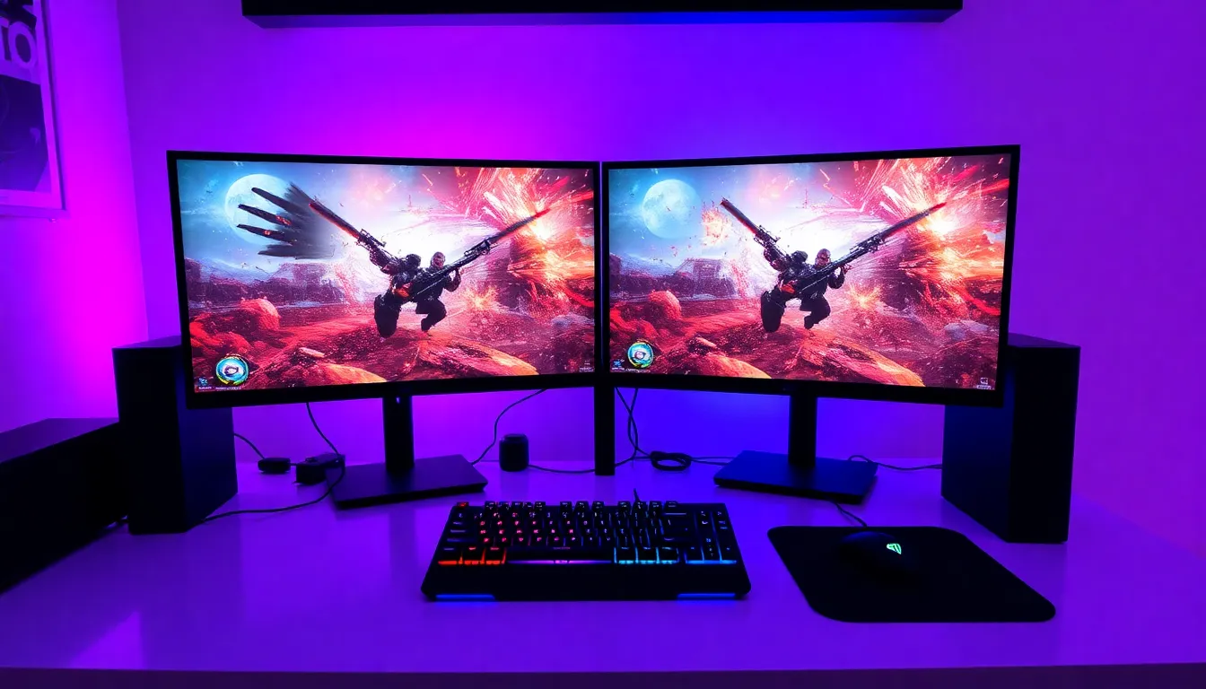 Configuration gaming professionnelle avec écrans IPS haute performance, clavier mécanique RGB et éclairage ambiant - Test 2025