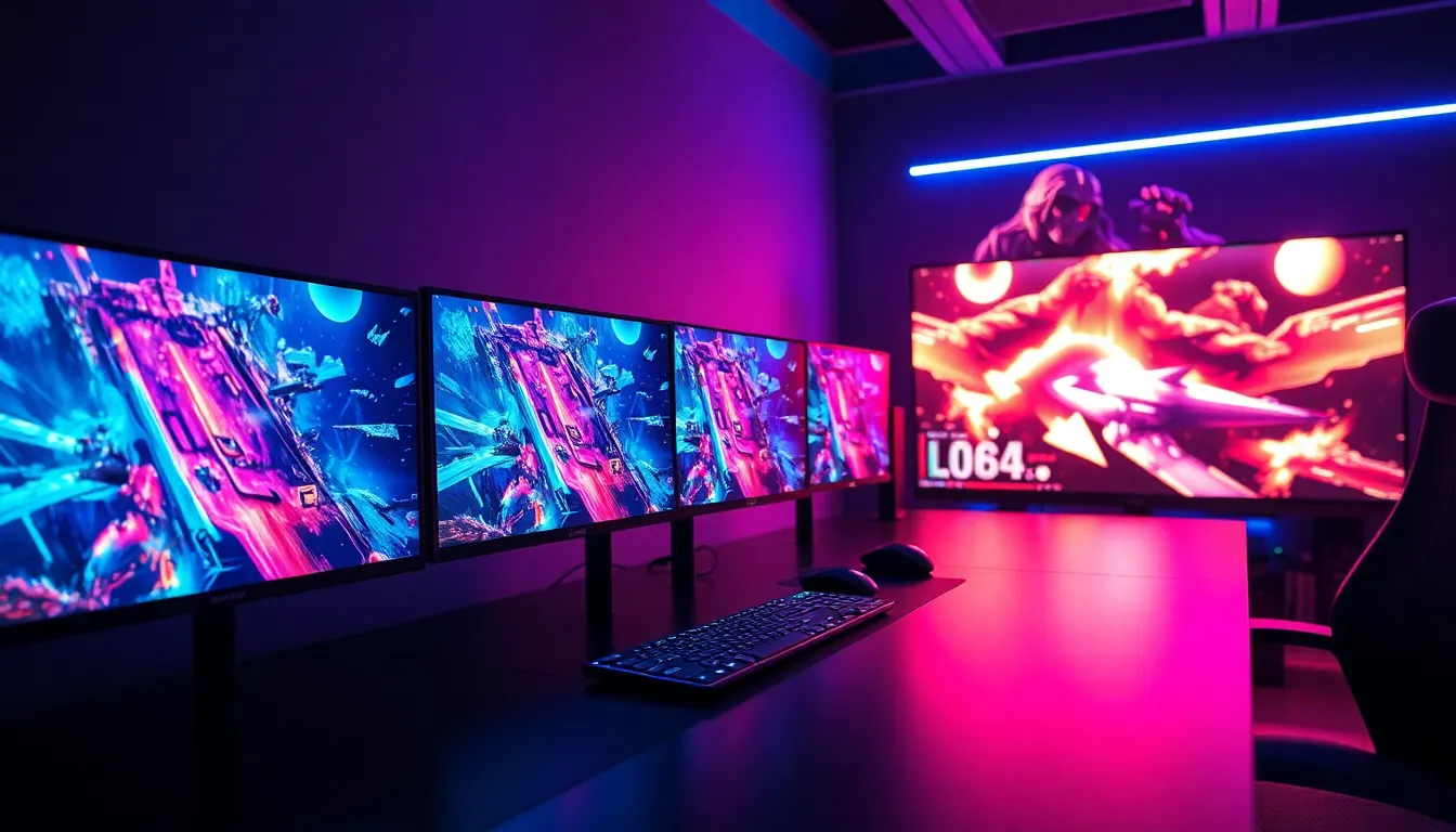 Setup gaming professionnel avec écrans OLED multiples affichant des jeux colorés, bureau moderne avec éclairage RGB et atmosphère high-tech