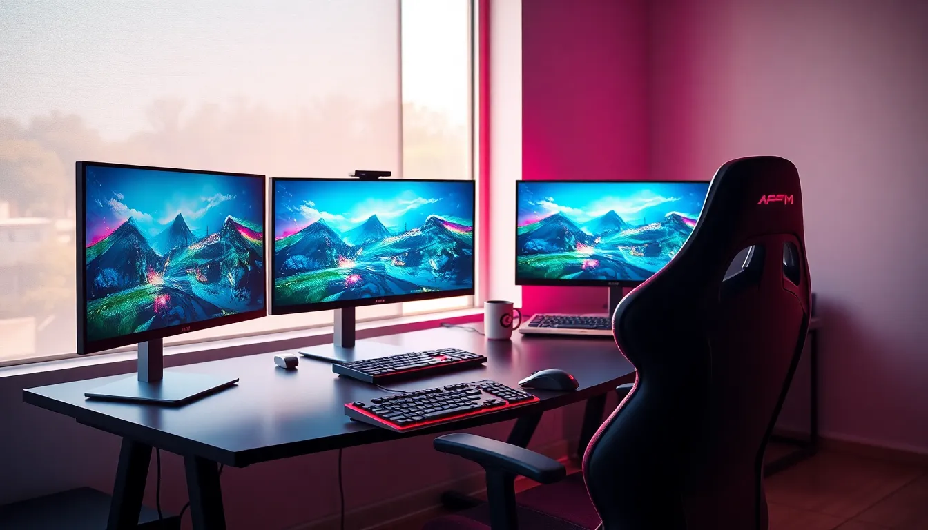 Setup gaming moderne avec écrans anti-reflet, soleil streaming par fenêtre sans créer de reflets sur les moniteurs gaming, configuration professionnelle