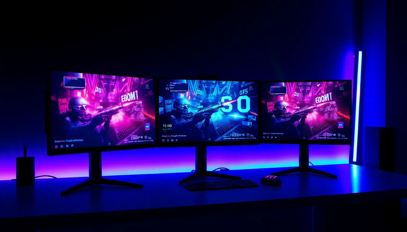Trois écrans gaming 1080p sur bureau moderne avec éclairage RGB et gameplay esport FPS, démontrant la qualité des moniteurs FHD pour le gaming compétitif