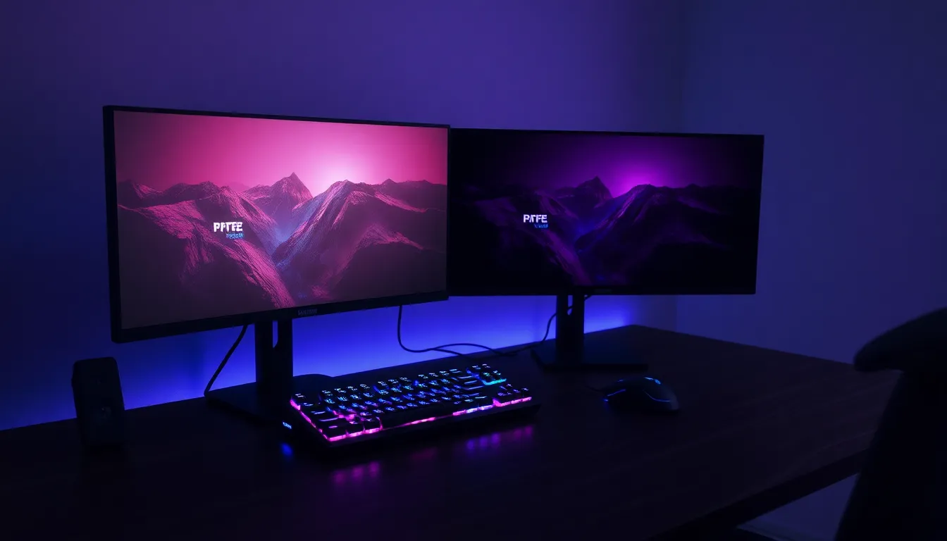 Multiple écrans gaming abordables sur bureau moderne avec clavier RGB et souris gaming, éclairage professionnel
