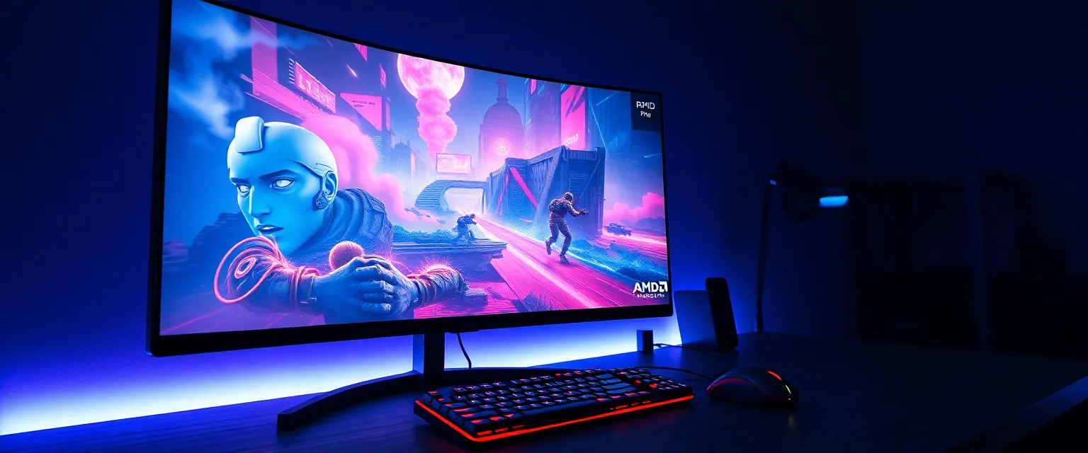 Setup gaming moderne avec écran OLED incurvé, éclairage RGB et périphériques premium illustrant la technologie FreeSync Premium Pro