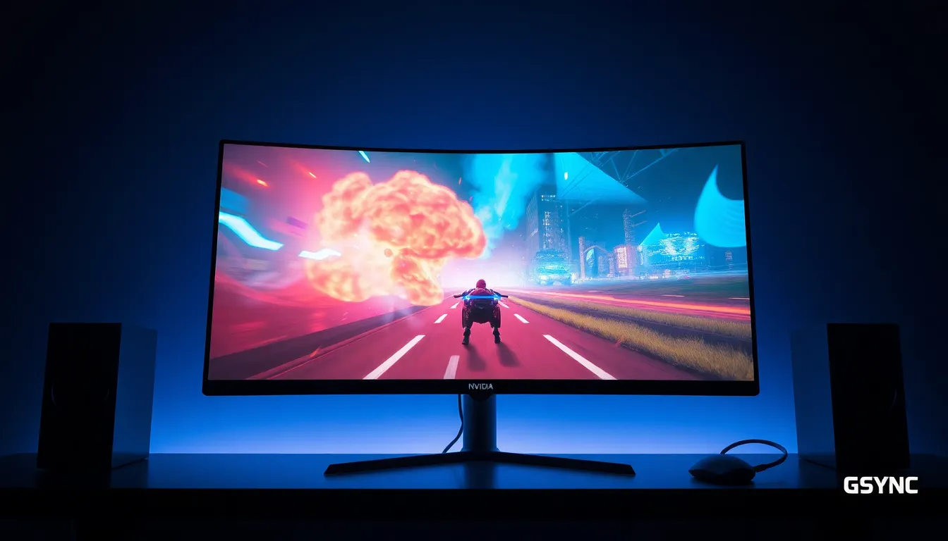 Écran gaming G-SYNC haute performance avec setup moderne et éclairage RGB dans environnement tech professionnel