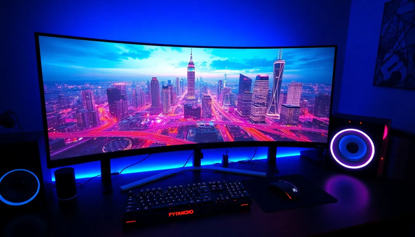 Setup gaming professionnel avec écran ultrawide QD-OLED 34 pouces affichant des couleurs vibrantes, clavier mécanique RGB et éclairage d'ambiance néon dans une pièce sombre - meilleur écran gaming 1440p 2025
